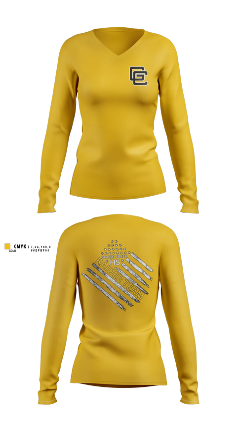 Womens Long Sleeve Vneck Shirt, Goose Creek high school JROTC, Bowling, Teamtime, Team time, sublimation, custom sports apparel, team uniforms, spirit wear, spiritwear, sports uniforms, custom shirts, team store, custom team store, fundraiser sports, apparel fundraiser