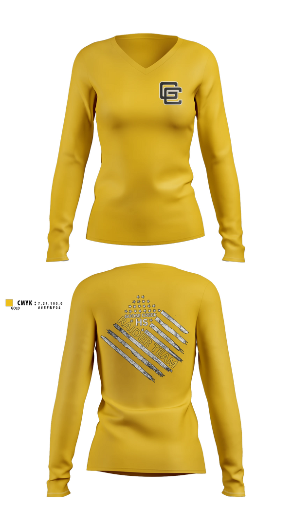 Womens Long Sleeve Vneck Shirt, Goose Creek high school JROTC, Bowling, Teamtime, Team time, sublimation, custom sports apparel, team uniforms, spirit wear, spiritwear, sports uniforms, custom shirts, team store, custom team store, fundraiser sports, apparel fundraiser