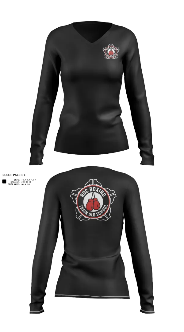 Womens Long Sleeve Vneck Shirt, ROC Boxing, Wrestling, Teamtime, Team time, sublimation, custom sports apparel, team uniforms, spirit wear, spiritwear, sports uniforms, custom shirts, team store, custom team store, fundraiser sports, apparel fundraiser