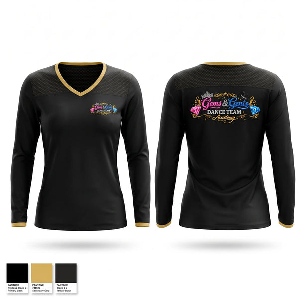 Womens Long Sleeve Vneck Shirt, Gems and gents, Cheer, Teamtime, Team time, sublimation, custom sports apparel, team uniforms, spirit wear, spiritwear, sports uniforms, custom shirts, team store, custom team store, fundraiser sports, apparel fundraiser