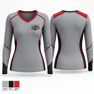 Womens Long Sleeve Vneck Shirt, NETX Villains, Women's Basketball, Teamtime, Team time, sublimation, custom sports apparel, team uniforms, spirit wear, spiritwear, sports uniforms, custom shirts, team store, custom team store, fundraiser sports, apparel fundraiser