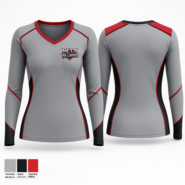 Womens Long Sleeve Vneck Shirt, NETX Villains, Women's Basketball, Teamtime, Team time, sublimation, custom sports apparel, team uniforms, spirit wear, spiritwear, sports uniforms, custom shirts, team store, custom team store, fundraiser sports, apparel fundraiser