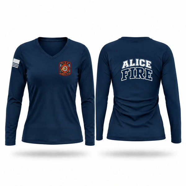 Womens Long Sleeve Vneck Shirt, Alice Fire Department, Fire Department, Teamtime, Team time, sublimation, custom sports apparel, team uniforms, spirit wear, spiritwear, sports uniforms, custom shirts, team store, custom team store, fundraiser sports, apparel fundraiser