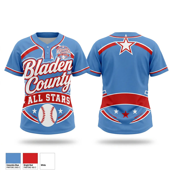 Two Button Softball Jersey, Bladen County All Stars, Softball, Teamtime, Team time, sublimation, custom sports apparel, team uniforms, spirit wear, spiritwear, sports uniforms, custom shirts, team store, custom team store, fundraiser sports, apparel fundraiser