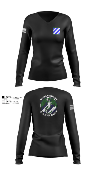 Womens Long Sleeve Vneck Shirt, D Co. 2-3 AVN REGT “Dragons”, Army, Teamtime, Team time, sublimation, custom sports apparel, team uniforms, spirit wear, spiritwear, sports uniforms, custom shirts, team store, custom team store, fundraiser sports, apparel fundraiser