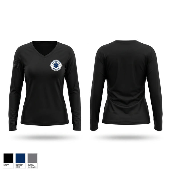 Womens Long Sleeve Vneck Shirt, Lake Park Rescue, EMS/EMT, Teamtime, Team time, sublimation, custom sports apparel, team uniforms, spirit wear, spiritwear, sports uniforms, custom shirts, team store, custom team store, fundraiser sports, apparel fundraiser