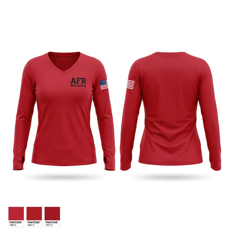 Womens Long Sleeve Vneck Shirt, AFR Recruiting, Air Force, Teamtime, Team time, sublimation, custom sports apparel, team uniforms, spirit wear, spiritwear, sports uniforms, custom shirts, team store, custom team store, fundraiser sports, apparel fundraiser