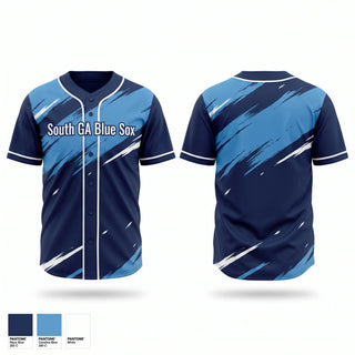 Full Button Baseball Jersey, South GA Blue Sox, Baseball, Teamtime, Team time, sublimation, custom sports apparel, team uniforms, spirit wear, spiritwear, sports uniforms, custom shirts, team store, custom team store, fundraiser sports, apparel fundraiser