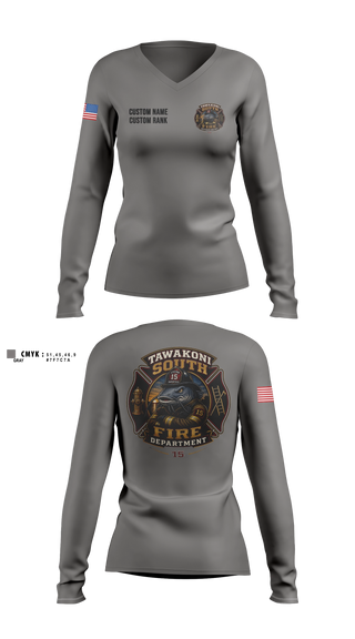 Womens Long Sleeve Vneck Shirt, Tawakoni South Volunteer Fire Department, Fire Department, Teamtime, Team time, sublimation, custom sports apparel, team uniforms, spirit wear, spiritwear, sports uniforms, custom shirts, team store, custom team store, fundraiser sports, apparel fundraiser