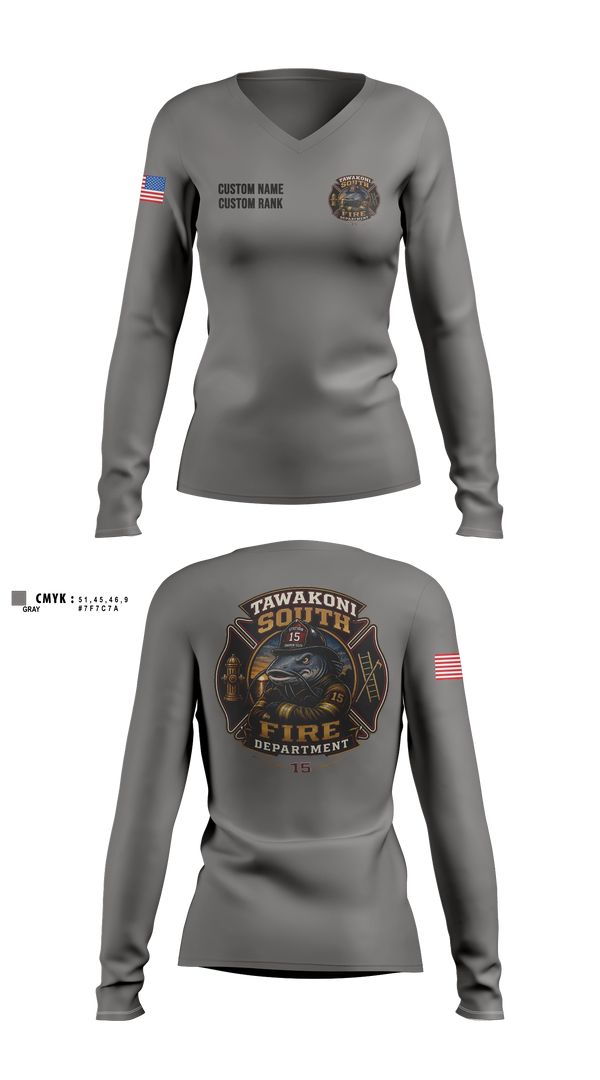Womens Long Sleeve Vneck Shirt, Tawakoni South Volunteer Fire Department, Fire Department, Teamtime, Team time, sublimation, custom sports apparel, team uniforms, spirit wear, spiritwear, sports uniforms, custom shirts, team store, custom team store, fundraiser sports, apparel fundraiser