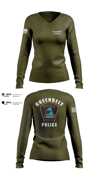 Womens Long Sleeve Vneck Shirt, Greenbelt Patrol, Police, Teamtime, Team time, sublimation, custom sports apparel, team uniforms, spirit wear, spiritwear, sports uniforms, custom shirts, team store, custom team store, fundraiser sports, apparel fundraiser