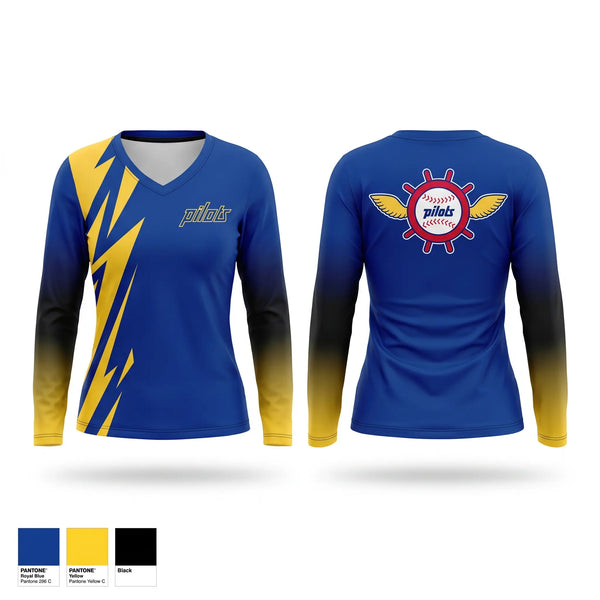 Womens Long Sleeve Vneck Shirt, Pilots, Baseball, Teamtime, Team time, sublimation, custom sports apparel, team uniforms, spirit wear, spiritwear, sports uniforms, custom shirts, team store, custom team store, fundraiser sports, apparel fundraiser