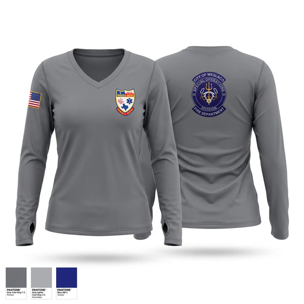 Womens Long Sleeve Vneck Shirt, Weslaco Fire Department, Fire Department, Teamtime, Team time, sublimation, custom sports apparel, team uniforms, spirit wear, spiritwear, sports uniforms, custom shirts, team store, custom team store, fundraiser sports, apparel fundraiser