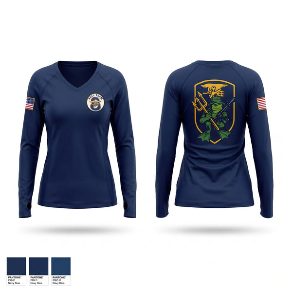 Womens Long Sleeve Vneck Shirt, Naval Special Warfare, Navy, Teamtime, Team time, sublimation, custom sports apparel, team uniforms, spirit wear, spiritwear, sports uniforms, custom shirts, team store, custom team store, fundraiser sports, apparel fundraiser