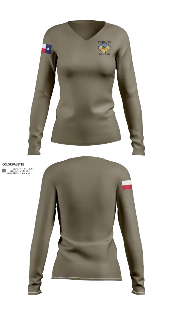Womens Long Sleeve Vneck Shirt, 3BN/6BDE Cobras, Army, Teamtime, Team time, sublimation, custom sports apparel, team uniforms, spirit wear, spiritwear, sports uniforms, custom shirts, team store, custom team store, fundraiser sports, apparel fundraiser