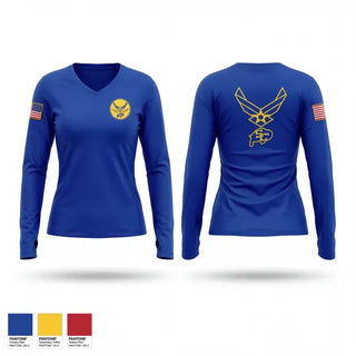 Womens Long Sleeve Vneck Shirt, Samuel Clemens Tx-82 AFJROTC, Air Force, Teamtime, Team time, sublimation, custom sports apparel, team uniforms, spirit wear, spiritwear, sports uniforms, custom shirts, team store, custom team store, fundraiser sports, apparel fundraiser