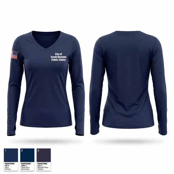Womens Long Sleeve Vneck Shirt, City of South Daytona Public Safety, Police, Teamtime, Team time, sublimation, custom sports apparel, team uniforms, spirit wear, spiritwear, sports uniforms, custom shirts, team store, custom team store, fundraiser sports, apparel fundraiser