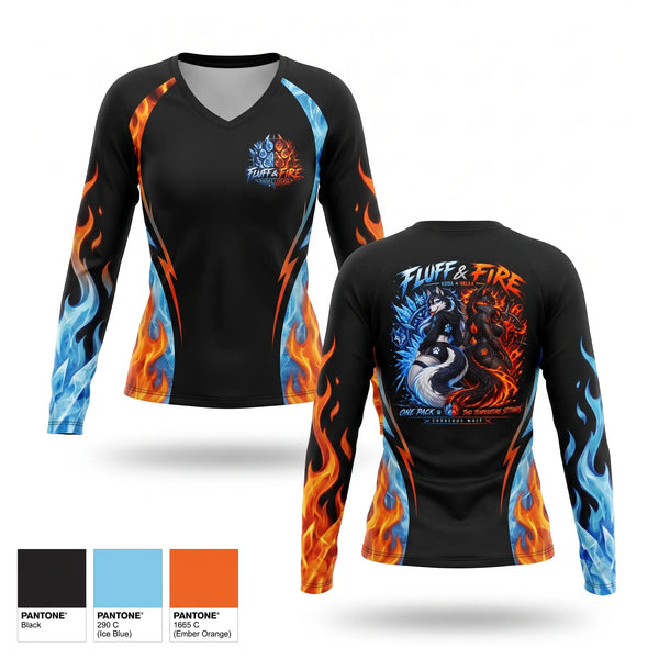 Womens Long Sleeve Vneck Shirt, Fluff and fire, E-Sports, Teamtime, Team time, sublimation, custom sports apparel, team uniforms, spirit wear, spiritwear, sports uniforms, custom shirts, team store, custom team store, fundraiser sports, apparel fundraiser