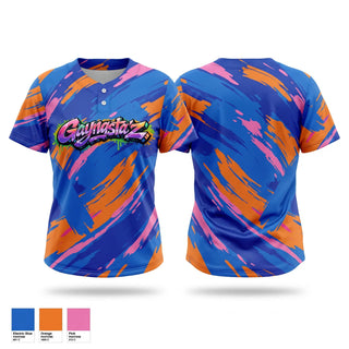Two Button Softball Jersey, Gayngsta'z, Softball, Teamtime, Team time, sublimation, custom sports apparel, team uniforms, spirit wear, spiritwear, sports uniforms, custom shirts, team store, custom team store, fundraiser sports, apparel fundraiser