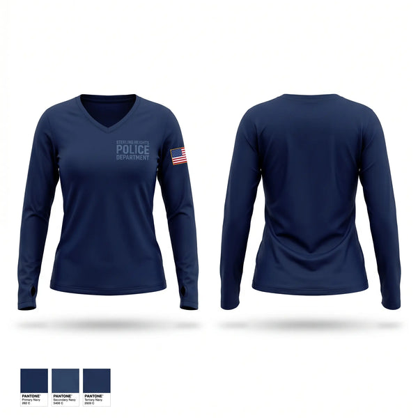 Womens Long Sleeve Vneck Shirt, Sterling Heights Police Department, Police, Teamtime, Team time, sublimation, custom sports apparel, team uniforms, spirit wear, spiritwear, sports uniforms, custom shirts, team store, custom team store, fundraiser sports, apparel fundraiser
