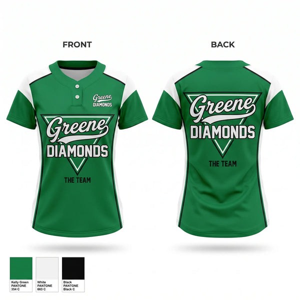 Two Button Softball Jersey, Greene Diamonds, Softball, Teamtime, Team time, sublimation, custom sports apparel, team uniforms, spirit wear, spiritwear, sports uniforms, custom shirts, team store, custom team store, fundraiser sports, apparel fundraiser