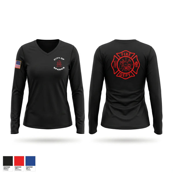Womens Long Sleeve Vneck Shirt, Sparks Fire Department, Fire Department, Teamtime, Team time, sublimation, custom sports apparel, team uniforms, spirit wear, spiritwear, sports uniforms, custom shirts, team store, custom team store, fundraiser sports, apparel fundraiser