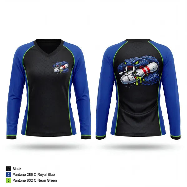 Womens Long Sleeve Vneck Shirt, Pin vipers, Bowling, Teamtime, Team time, sublimation, custom sports apparel, team uniforms, spirit wear, spiritwear, sports uniforms, custom shirts, team store, custom team store, fundraiser sports, apparel fundraiser