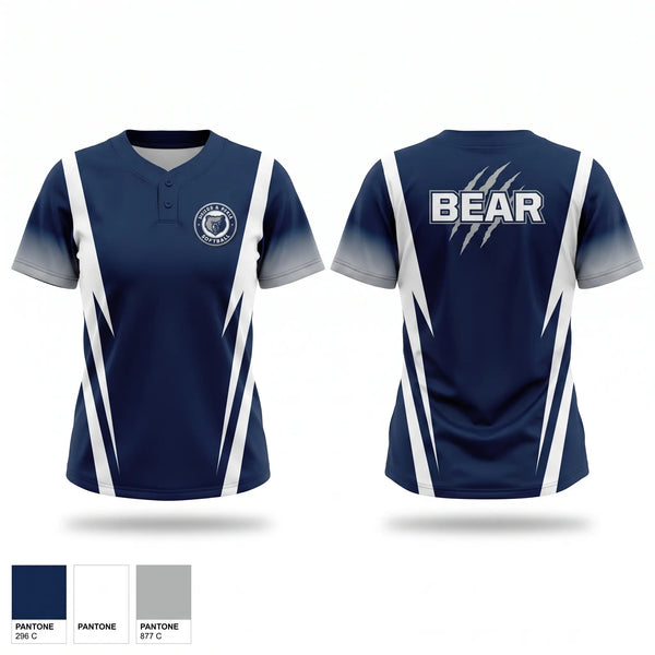 Two Button Softball Jersey, The Bear, Softball, Teamtime, Team time, sublimation, custom sports apparel, team uniforms, spirit wear, spiritwear, sports uniforms, custom shirts, team store, custom team store, fundraiser sports, apparel fundraiser