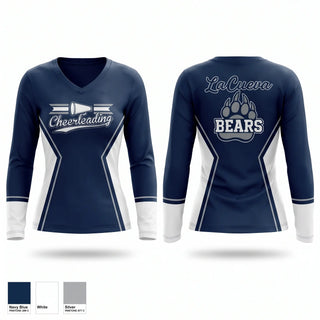 Womens Long Sleeve Vneck Shirt, La Cueva, Cheer, Teamtime, Team time, sublimation, custom sports apparel, team uniforms, spirit wear, spiritwear, sports uniforms, custom shirts, team store, custom team store, fundraiser sports, apparel fundraiser