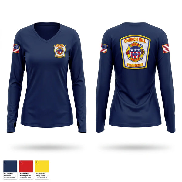 Womens Long Sleeve Vneck Shirt, Church Hill Fire Department, Fire Department, Teamtime, Team time, sublimation, custom sports apparel, team uniforms, spirit wear, spiritwear, sports uniforms, custom shirts, team store, custom team store, fundraiser sports, apparel fundraiser