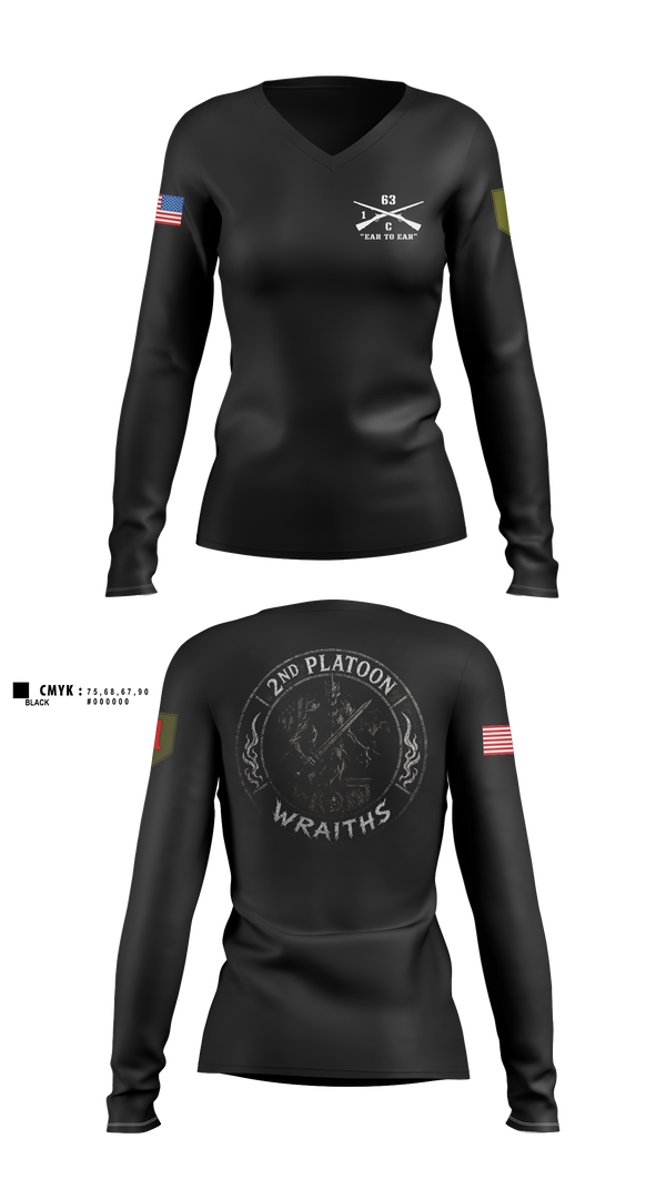 Womens Long Sleeve Vneck Shirt, 2nd PLT, C co, 1-63 AR BN, Army, Teamtime, Team time, sublimation, custom sports apparel, team uniforms, spirit wear, spiritwear, sports uniforms, custom shirts, team store, custom team store, fundraiser sports, apparel fundraiser