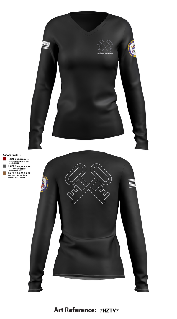 Womens Long Sleeve Vneck Shirt, Uss San Antonio, Navy, Teamtime, Team time, sublimation, custom sports apparel, team uniforms, spirit wear, spiritwear, sports uniforms, custom shirts, team store, custom team store, fundraiser sports, apparel fundraiser
