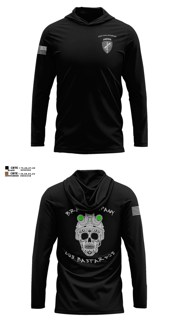Long Sleeve hooded sunshirt, 451 B Co Los Bastardos451 B Co Los Bastardos, Army, Teamtime, Team time, sublimation, custom sports apparel, team uniforms, spirit wear, spiritwear, sports uniforms, custom shirts, team store, custom team store, fundraiser sports, apparel fundraiser