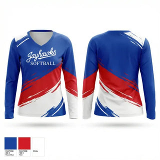 Womens Long Sleeve Vneck Shirt, Jayhawks, Softball, Teamtime, Team time, sublimation, custom sports apparel, team uniforms, spirit wear, spiritwear, sports uniforms, custom shirts, team store, custom team store, fundraiser sports, apparel fundraiser