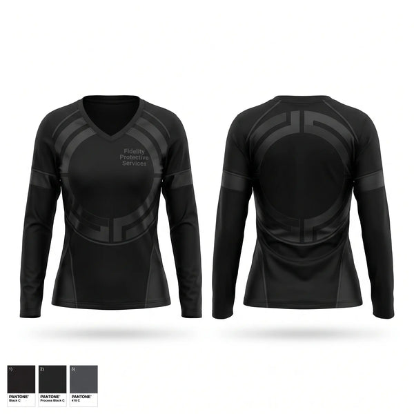 Womens Long Sleeve Vneck Shirt, Fidelity Protective Services, , Teamtime, Team time, sublimation, custom sports apparel, team uniforms, spirit wear, spiritwear, sports uniforms, custom shirts, team store, custom team store, fundraiser sports, apparel fundraiser