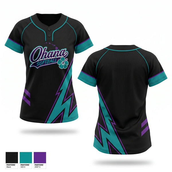 Two Button Softball Jersey, Ohana, Softball, Teamtime, Team time, sublimation, custom sports apparel, team uniforms, spirit wear, spiritwear, sports uniforms, custom shirts, team store, custom team store, fundraiser sports, apparel fundraiser