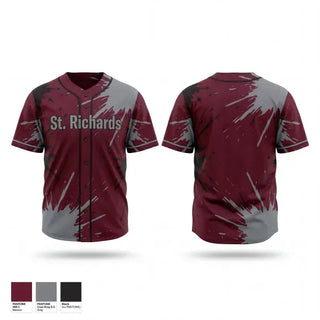 Full Button Baseball Jersey, St. Richards, Baseball, Teamtime, Team time, sublimation, custom sports apparel, team uniforms, spirit wear, spiritwear, sports uniforms, custom shirts, team store, custom team store, fundraiser sports, apparel fundraiser