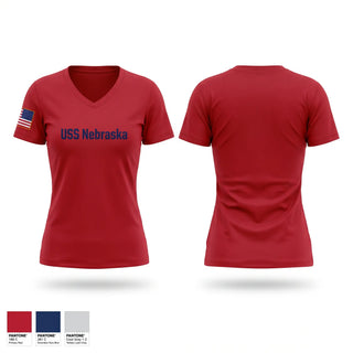 Womens Short Sleeve Vneck Shirt, USS Nebraska, Navy, Teamtime, Team time, sublimation, custom sports apparel, team uniforms, spirit wear, spiritwear, sports uniforms, custom shirts, team store, custom team store, fundraiser sports, apparel fundraiser