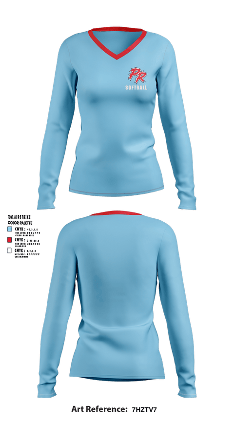 Womens Long Sleeve Vneck Shirt, Porterville Rampage, Softball, Teamtime, Team time, sublimation, custom sports apparel, team uniforms, spirit wear, spiritwear, sports uniforms, custom shirts, team store, custom team store, fundraiser sports, apparel fundraiser