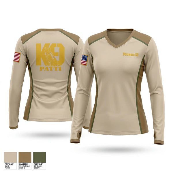 Womens Long Sleeve Vneck Shirt, University of Delaware Police Department-K9 Patti, Police, Teamtime, Team time, sublimation, custom sports apparel, team uniforms, spirit wear, spiritwear, sports uniforms, custom shirts, team store, custom team store, fundraiser sports, apparel fundraiser