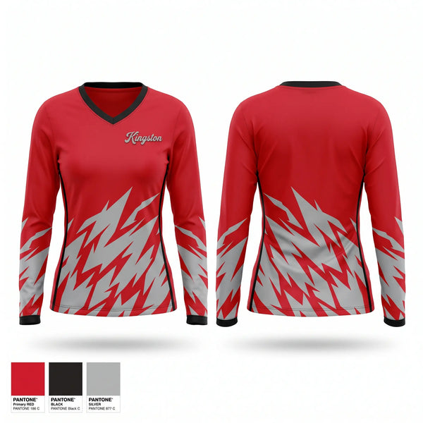 Womens Long Sleeve Vneck Shirt, Kingston Redskins, Baseball, Teamtime, Team time, sublimation, custom sports apparel, team uniforms, spirit wear, spiritwear, sports uniforms, custom shirts, team store, custom team store, fundraiser sports, apparel fundraiser