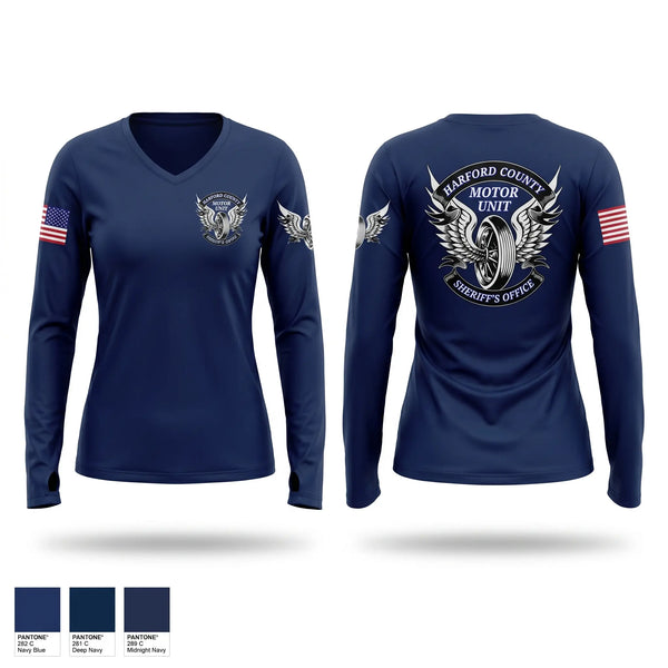 Womens Long Sleeve Vneck Shirt, Harford County Sheriff's Office Motor Unit, Police, Teamtime, Team time, sublimation, custom sports apparel, team uniforms, spirit wear, spiritwear, sports uniforms, custom shirts, team store, custom team store, fundraiser sports, apparel fundraiser