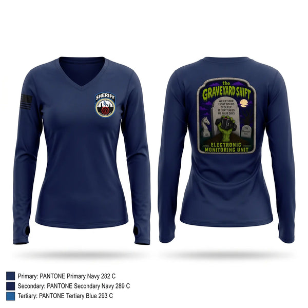 Womens Long Sleeve Vneck Shirt, Electronic Monitoring, Police, Teamtime, Team time, sublimation, custom sports apparel, team uniforms, spirit wear, spiritwear, sports uniforms, custom shirts, team store, custom team store, fundraiser sports, apparel fundraiser
