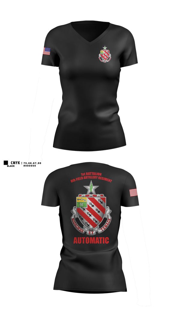 Womens Short Sleeve Vneck Shirt, 1/8 Field Artillery Regiment, Army, Teamtime, Team time, sublimation, custom sports apparel, team uniforms, spirit wear, spiritwear, sports uniforms, custom shirts, team store, custom team store, fundraiser sports, apparel fundraiser