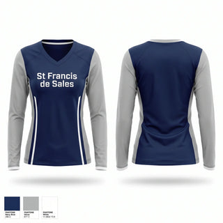 Womens Long Sleeve Vneck Shirt, St. Francis de Sales, Cross Country, Teamtime, Team time, sublimation, custom sports apparel, team uniforms, spirit wear, spiritwear, sports uniforms, custom shirts, team store, custom team store, fundraiser sports, apparel fundraiser