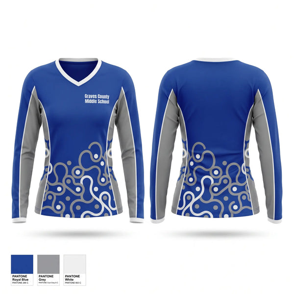 Womens Long Sleeve Vneck Shirt, Graves County Middle School, Cheer, Teamtime, Team time, sublimation, custom sports apparel, team uniforms, spirit wear, spiritwear, sports uniforms, custom shirts, team store, custom team store, fundraiser sports, apparel fundraiser