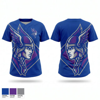 Two Button Softball Jersey, MoZ’Ark Valkyries, Softball, Teamtime, Team time, sublimation, custom sports apparel, team uniforms, spirit wear, spiritwear, sports uniforms, custom shirts, team store, custom team store, fundraiser sports, apparel fundraiser