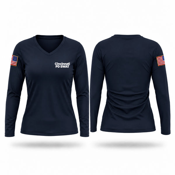 Womens Long Sleeve Vneck Shirt, Cincinnati PD SWAT, Police, Teamtime, Team time, sublimation, custom sports apparel, team uniforms, spirit wear, spiritwear, sports uniforms, custom shirts, team store, custom team store, fundraiser sports, apparel fundraiser