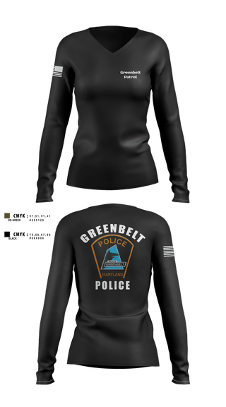 Womens Long Sleeve Vneck Shirt, Greenbelt Patrol, Police, Teamtime, Team time, sublimation, custom sports apparel, team uniforms, spirit wear, spiritwear, sports uniforms, custom shirts, team store, custom team store, fundraiser sports, apparel fundraiser