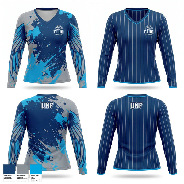 Womens Long Sleeve Vneck Shirt, UNF Club Baseball, Baseball, Teamtime, Team time, sublimation, custom sports apparel, team uniforms, spirit wear, spiritwear, sports uniforms, custom shirts, team store, custom team store, fundraiser sports, apparel fundraiser